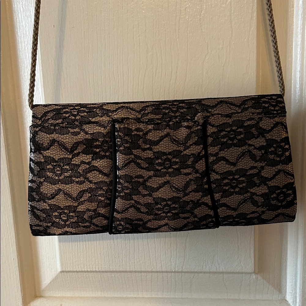 Black Lace Flap Wristlet Clutch with Braided Strap - Picture 3 of 7